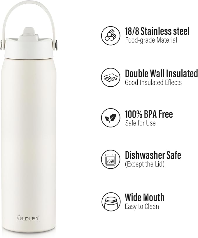 Oldley 32oz Insulated Water Bottle with Straw, Stainless Steel Water Bottle for Sports, Travel, School, BPA-Free Sports Bottles for Adult Kids, Leak-Proof, Beige