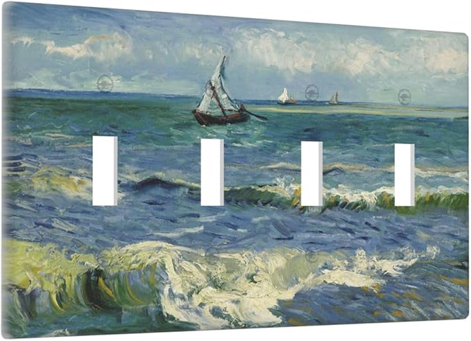 Nautical Ocean Waves Sailboat Painting Blue Sky Light Switch Covers Quad Toggle Electrical Faceplate 4 Gang Wall Plate Decorative Switch Plates Cover for Bathroom Bedroom Decor