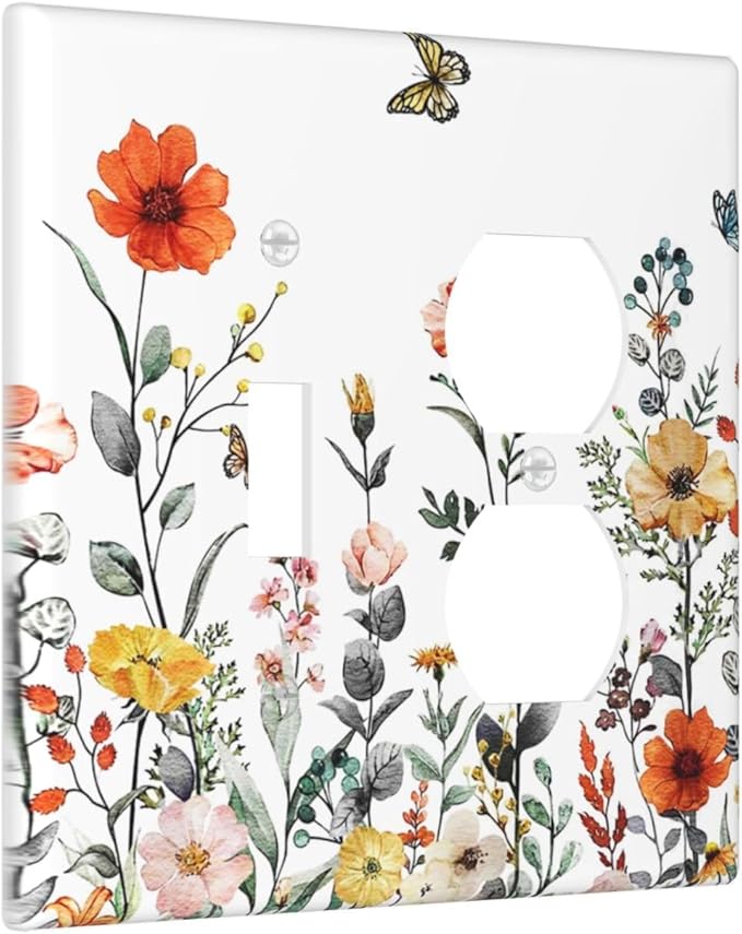 Colored Vintage Floral Colorful Butterfly Wild Flowers 2-Gang 1-Toggle 1-Duplex Device Combination Wallplate Summer Garden One Toggle Switch and One Duplex Receptacle Outlet Combo Light Switch Cover