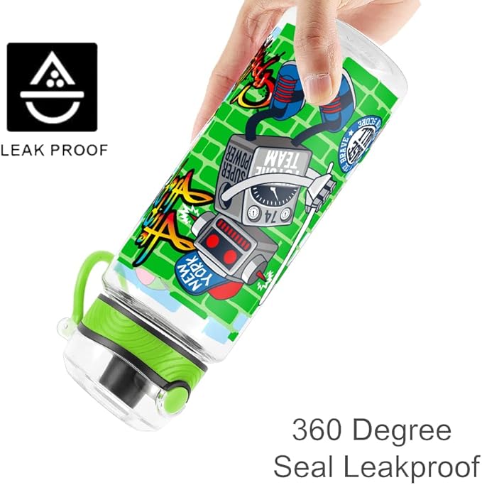 Home Tune Cute Water Bottle for School Kids Girls, BPA FREE Tritan & Leak Proof & Easy Clean & Carry Handle, 23oz/ 680ml - Sports Robot