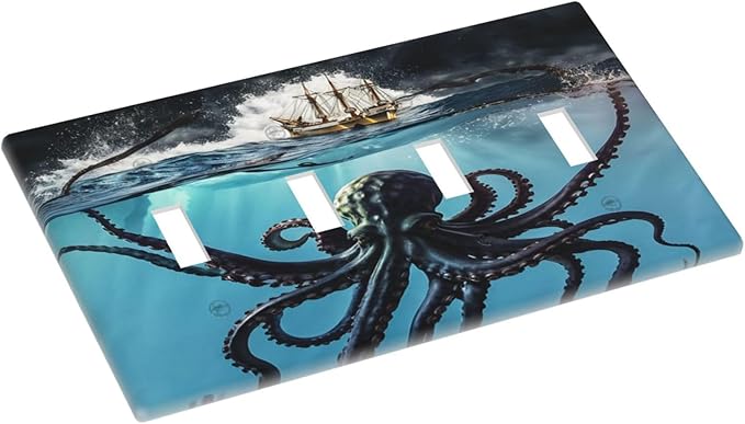Light Switch Cover Plate Black Ocean Nautical Octopus Ship Funny Kraken 4 Gang Switch Plate Covers Quad Toggle Wall Plates Decorative Switchplate Electrical Faceplate for Bathroom Home Decor