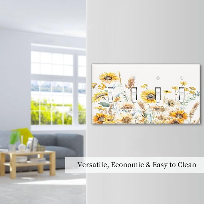 Yellow Floral Sunflowers Wheat Ears Watercolor Wild Flowers Light Switch Covers Quad Toggle Electrical Faceplate 4 Gang Wall Plate Decorative Switch Plates Cover for Bedroom Living Room Decor