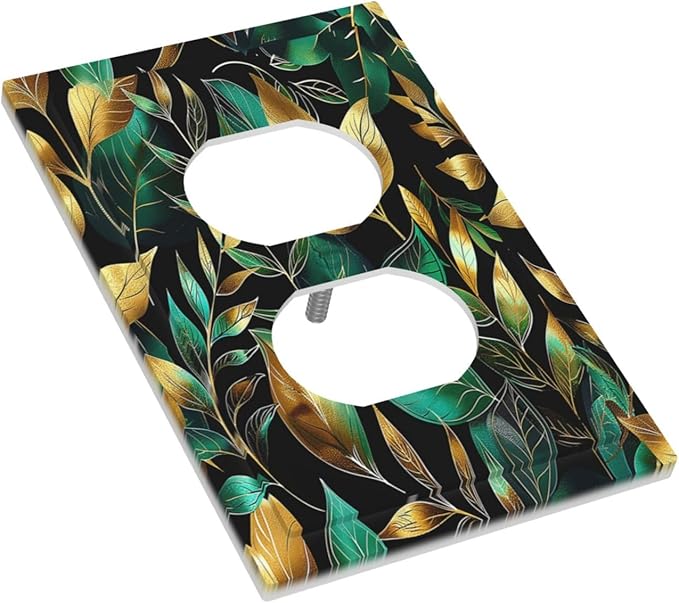 Outlet Covers Vintage Dark Green Vine Leaf Golden Plants 1 Gang Duplex Light Switch Cover Decorative Switch Plates Electrical Receptacle Faceplate Wall Plate for Bed Room Cabin Decor