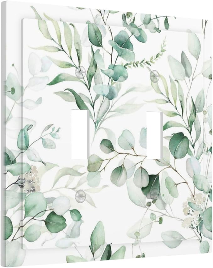 Boho Green Eucalyptus Leaf Floral Plants Flowers Decorative Switch Plates 2 Gang Double Toggle Outlet Light Switch Cover Wall Plate Electrical Faceplate for Bed Room Living Room Decor