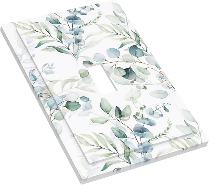 Watercolor Green Eucalyptus Leaves Decorative Single Toggle Light Switch Cover 1-Gang Wall Plate Blossom Spring Sage Botanical Plants Floral Electrical Outlet Faceplate Receptacle Cover Mid Size