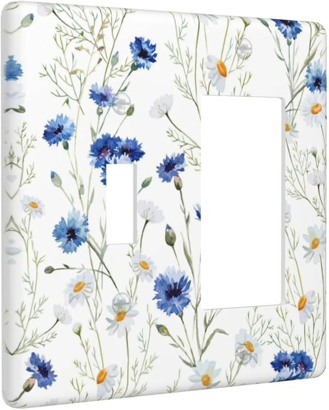 Outlet Covers Watercolor Daisy Blue Floral Vintage Plant 2 Gang Combo Light Switch Cover Plate Toggle Rocker Wallplates Decorative Switch Plates and Outlet Covers for Bedroom Home Decor