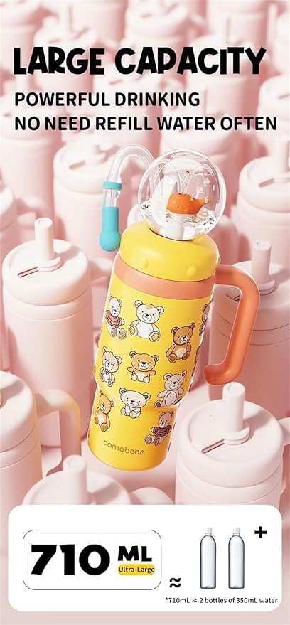 Stainless Steel Whale Fountain Tumbler with Handle, Drinking Cup with Whale Squirt, 24oz Whale Water Bottle Two Silicone Soft Tip, Leak-Proof Whale Fountain Tumbler for Kids Teens Adults (C-Yellow)