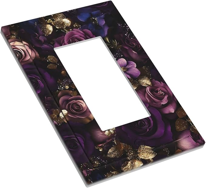 Decorative Light Switch Cover Plate with Luxurious Purple Roses Gold Accents Leaves Design 1 Gang Rocker Outlet Covers Single Decora Gfci Device Wall Plate for Romantic Bedroom/Living Room