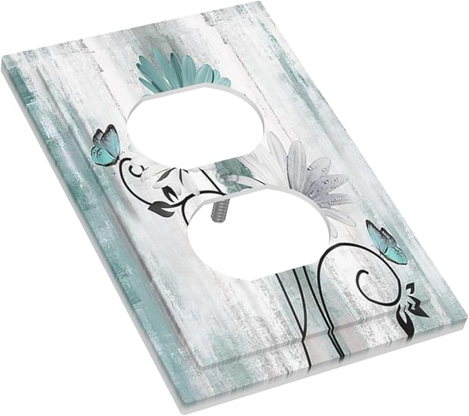 Teal Daisy Vintage Flower Butterfly Rustic Wood Print Outlet Covers 1 Gang Duplex Light Switch Cover Decorative Switch Plates Electrical Receptacle Faceplate Wall Plate for Farmhouse Home Decor