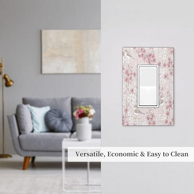 Pink Sakura Cherry Blossom Vintage Bird Floral Flower Decorative Outlet Covers 1 Gang Single Rocker Light Switch Cover Plate Wall Plates GFCI Faceplate for Bedroom Living Room Decor