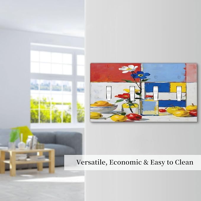 Color Block Floral Still Life Art Red Yellow Blue Abstract Light Switch Covers Quad Toggle Electrical Faceplate 4 Gang Wall Plate Decorative Switch Plates Cover for Farmhouse Bedroom Decor