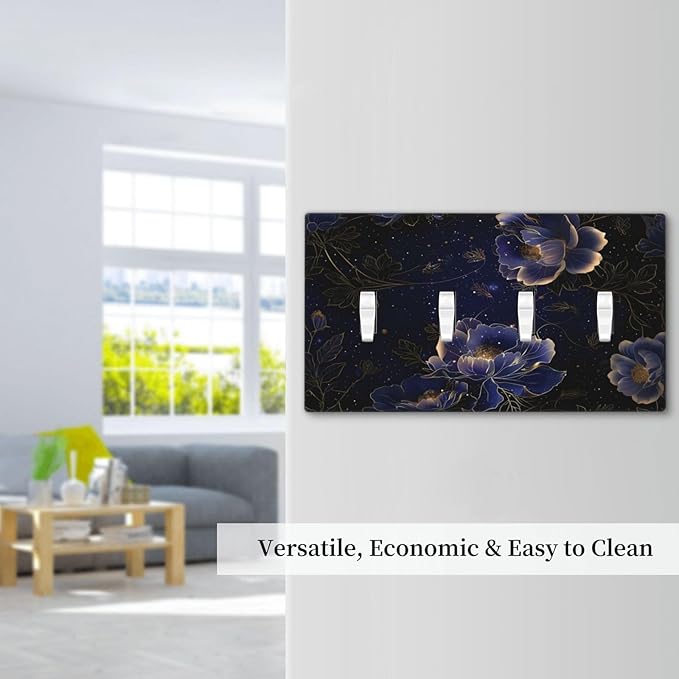 Navy Blue Floral Vintage Flower Dark Watercolor Light Switch Covers Quad Toggle Electrical Faceplate 4 Gang Wall Plate Decorative Switch Plates Cover for Bedroom Living Room Decor