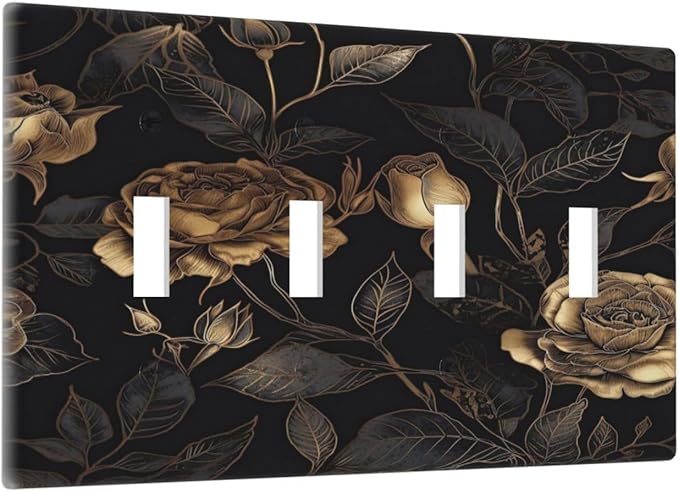 Black Floral Dark Vintage Gold Rose Flower Light Switch Covers Quad Toggle Electrical Faceplate 4 Gang Wall Plate Decorative Switch Plates Cover for Bedroom Living Room Decor