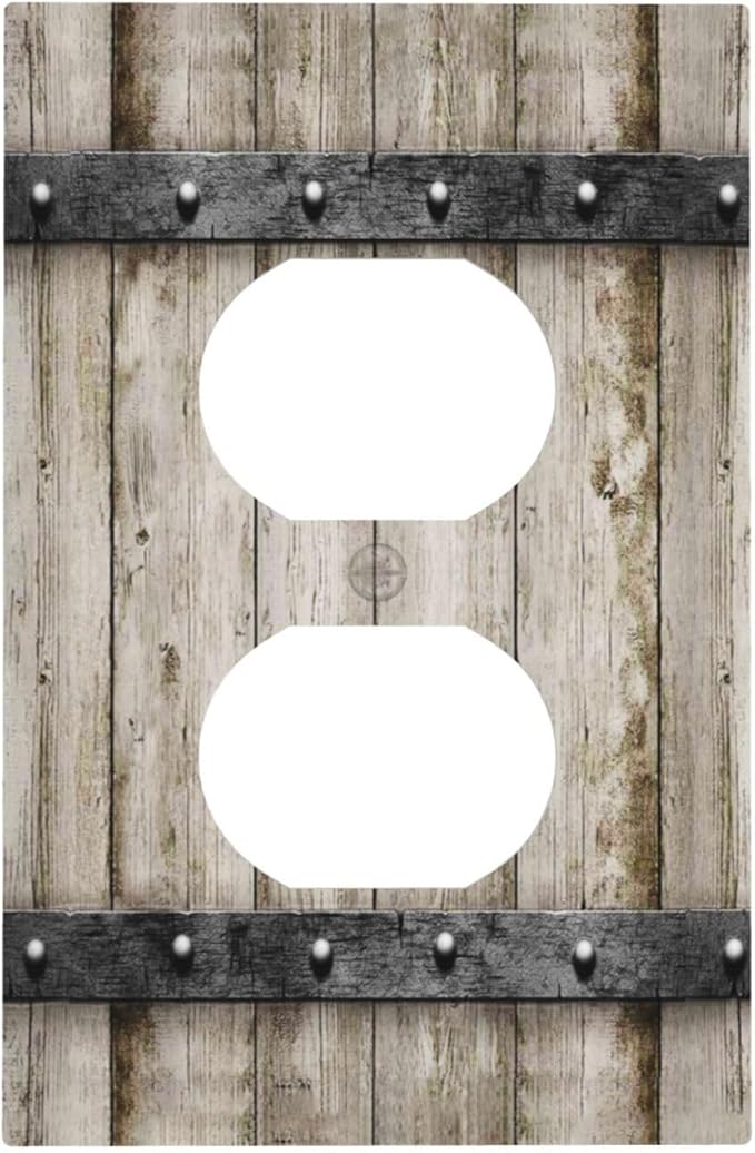 Retro Rustic Western Country Farm Wooden Plank Barn Cabin Wood Door 1 Gang Electrical Device Duplex Receptacle Light Switch Outlet Cover Wall Plate Electric Plug Socket Cover Decorative Switchplate