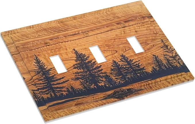 Country Farm Forest Pine Tree Woodland Woods 3 Gang Screwless Triple GFCI Decorator/Rocker Light Switch Wall Plate Rustic Orange Wood Wooden Decorative Dual Device Receptacle Faceplate Outlet Cover