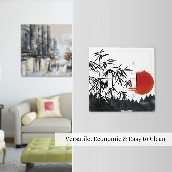 Decorative Light Switch Plate Covers Artistic Describe Black Bamboo Japanese Red Sun 2 Gang Wall Plate Double Toggle Switch Cover Plate Electric Dual Device Electrical Faceplate