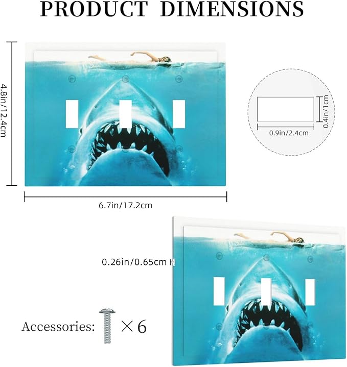 Beach Shark Oceanjaws Movie Vintage Look Decorative Switch Plates 3 Gang Wall Plate Triple Toggle Light Switch Cover Faceplate Electrical Wall Panels for Bathroom Kids Room Decor
