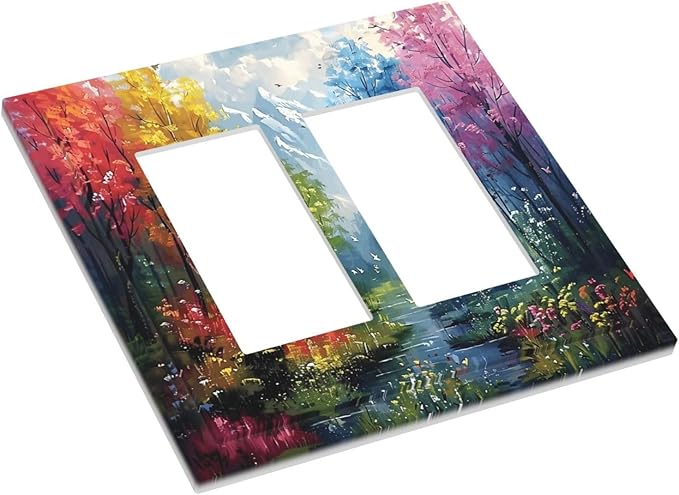 Colorful Forest Snow Mountain River Oil Painting Style Decorative Outlet Covers 2 Gang Double GFCI Rocker Electrical Wall Panels Light Switch Cover Plate for Bedroom Living Room Decor