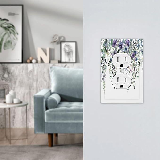 Decorative Outlet Covers Blue Purple Eucalyptus Leaves Boho Botanical 1 Gang Duplex Light Switch Cover Plate Electrical Switch plates WallPlates Socket Covers for Bathroom Home Decor
