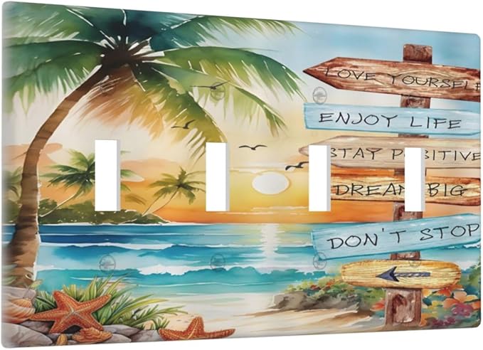 Tropical Beach Palm Tree Summer Coastal Ocean Sunset Light Switch Covers Quad Toggle Electrical Faceplate 4 Gang Wall Plate Decorative Switch Plates for Bedroom Living Room Decor