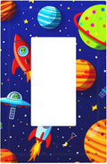 Planets, Rockets & Aliens Single Rocker Switch Cover - 1-Gang Standard US Size Astronaut Cosmic Adventure Light Switch Covers for Boy's Bedroom Decor