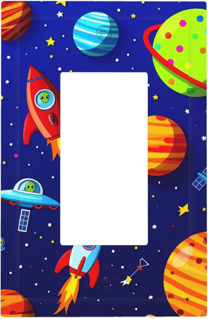 Planets, Rockets & Aliens Single Rocker Switch Cover - 1-Gang Standard US Size Astronaut Cosmic Adventure Light Switch Covers for Boy's Bedroom Decor