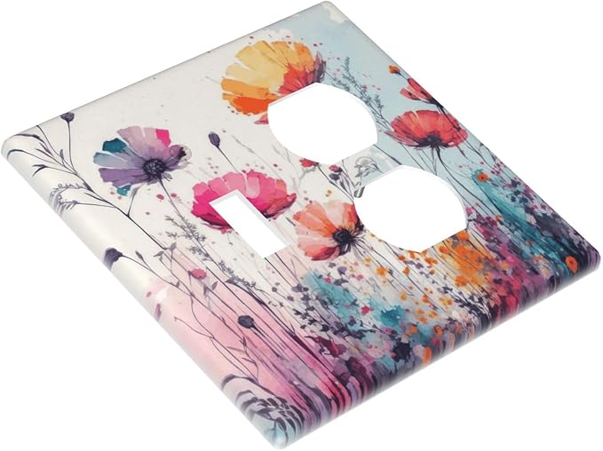 Decorative Outlet Covers Colorful Watercolor Wildflowers Elegant Painting Floral 2 Gang Wall Plate Single Toggle Duplex Light Switch Cover Switch Plate Covers Faceplate for Bedroom Decor