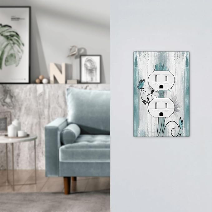 Decorative Outlet Covers Teal Daisy Floral Butterfly Vintage Wood 1 Gang Duplex Light Switch Cover Plate Electrical Switch plates WallPlates Socket Covers for Bathroom Bedroom Decor