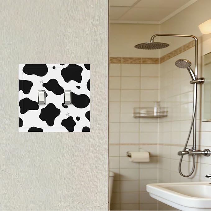 Cow Print Double Toggle Switch Cover - 2-Gang Standard US Size Farmhouse Cowhide Light Switch Covers, Black & White Rustic Animal Print for Country Homes