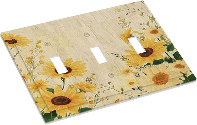 Decorative Switch Plate Cover with Vintage Botanical Sunflower Field Design 3 Gang Artistic Wall Plate Unique Triple Toggle Light Switch Covers for Nature Yellow Blooms Wall Decor