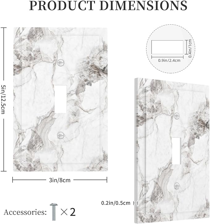 White And Gray Marble Patterns Texture Abstract Print Decorative Light Switch Cover 1 Gang Single Toggle Device Electrical Faceplate Switchplates Decorator Outlet Wall Plate for Bathroom Kitchen Decor