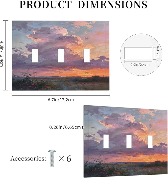 Abstract Sunset Dusk Natural Scenery Wild Flowers Decorative Switch Plates 3 Gang Wall Plate Triple Toggle Light Switch Cover Faceplate Electrical Wall Panels for Farmhouse Bedroom Decor
