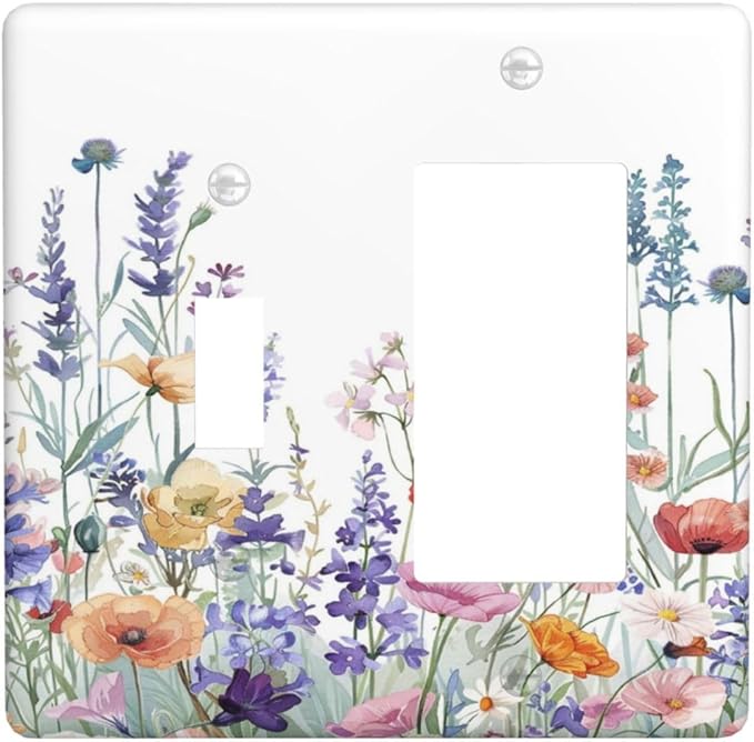 Colorful Floral Purple Lavender Flower Leaves Plants Outlet Covers 1 Toggle 1 Rocker Combination Decorative Wall Plate Electrical Switch Plates Light Switch Cover Plate for Bed Room Living Room Decor