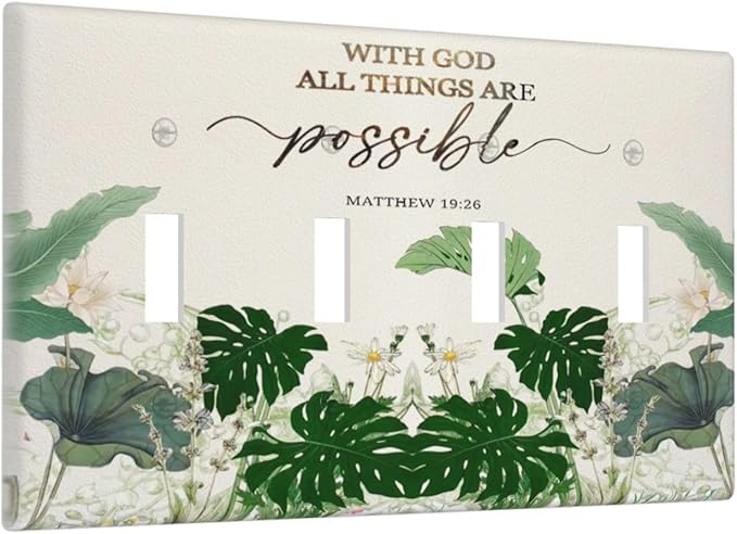 Decorative Light Switch Cover Plate Boho Green Monstera Leaf Inspirational Quotes 4 Gang Wall Plates for Electrical Quad Toggle Switch Plate Covers Outlet Covers Faceplate for Home Decor