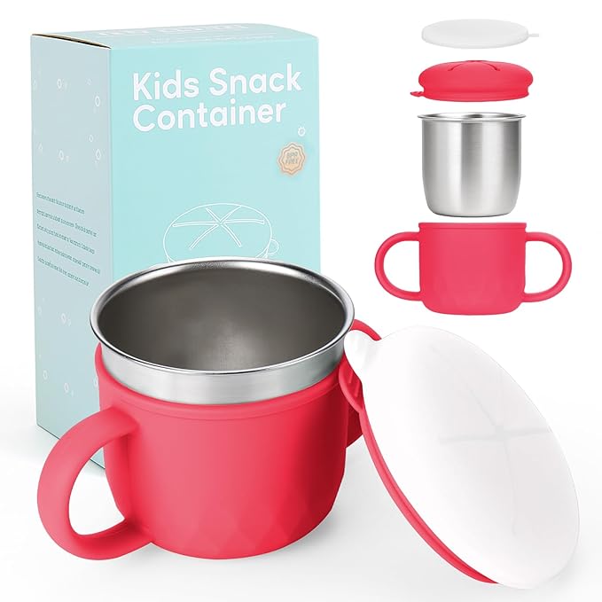 Toddler Snack Containers Stainless Steel Spill-Proof Snack Containers for Toddlers with Spill-Proof Silicone Lids and Handles 4-in-1 Baby Snack Cup is Dishwasher Safe for Easy use On The Go（Red）