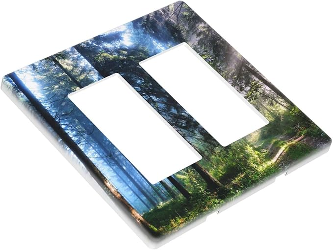 Green Landscape Forest Tree 2 Gang Double Rocker/Decora Light Switch Cover Decorative Outlet Wall Plate Electrical Faceplate Home Family Art Decor Screwless