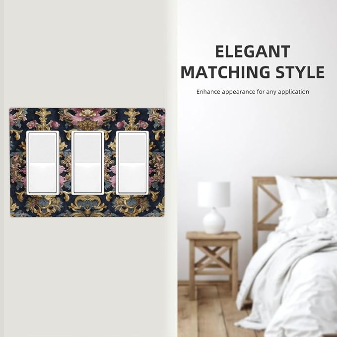 Decorative Outlet Covers Rococo Pink Floral Flower Gold Leaf 3 Gang Light Switch Cover Plate Triple Rocker Wall Plates for Electrical Outlets Switch Plate Covers for Bedroom Home Decor
