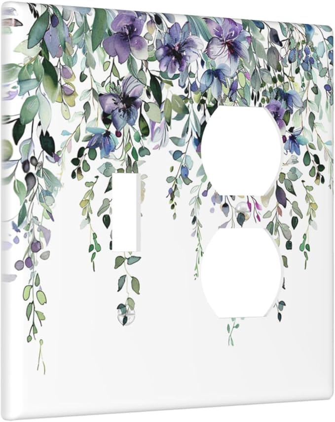 Outlet Covers Blue Purple Eucalyptus Leaves Boho Botanical 2 Gang Decorative Switch Plates 1 Toggle Duplex Combo Light Switch Cover GFCI Socket Cover WallPlates for Bathroom Home Decor