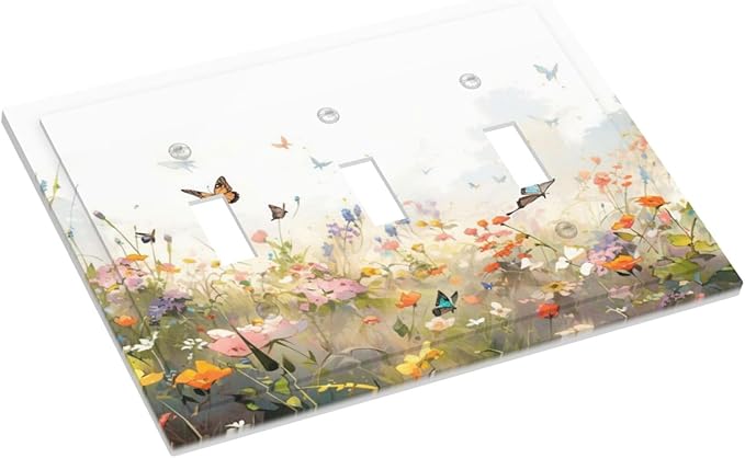 Wildflowers Watercolor Floral Colorful Butterfly Decorative Switch Plates 3 Gang Wall Plate Triple Toggle Light Switch Cover Faceplate Electrical Wall Panels for Farmhouse Bed Room Decor