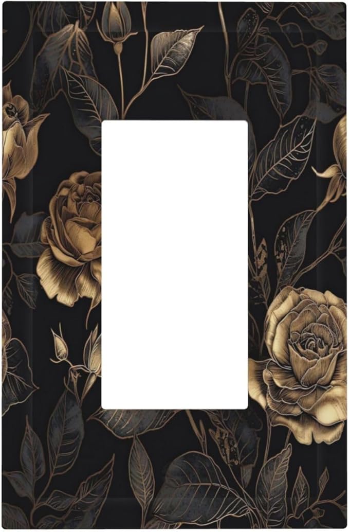 Black Floral Dark Vintage Gold Rose Flower Decorative Outlet Covers 1 Gang Single Rocker Light Switch Cover Plate Wall Plates GFCI Faceplate for Bedroom Living Room Decor