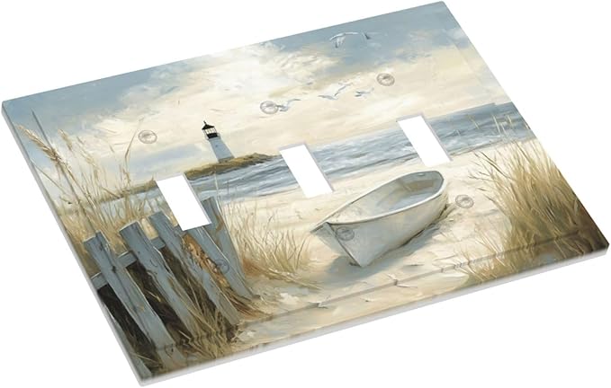 Sea Beach 3 Gang Light Switch Cover Old Ship Reed Lighthouse Seascape Triple Toggle Wall Plate Decorative Electrical Switchplates for Country Bedroom Kitchen Living Room Home Decor