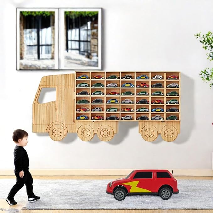 Wood Toy Car Display Rack, Holds 42 Diecast Cars Model Car Display Case 1/64 Scale Toy Cars Organizer Freestanding or Wall-Mounted Toy Car Storage Cabinet