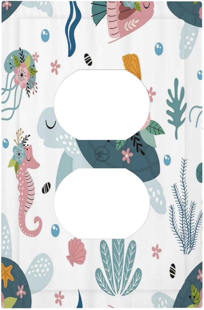 Underwater Floral Turtle Animal 1 Gang Single Duplex Light Switch Plate Outlet Cover Decorative Wall Plate Switchplate Electrical Faceplate for Nursery Kidsroom Bedroom Decor