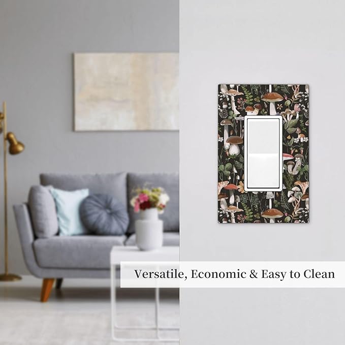 Mid Century Black Boho Mushroom Floral 1-Gang Decorator Rocker Outlet Light Switch Cover Plant Leaf Fungus Forest Botanical Decorative Single Device GFCI Receptacle Switch Wall Plate Dimmer Mid Size