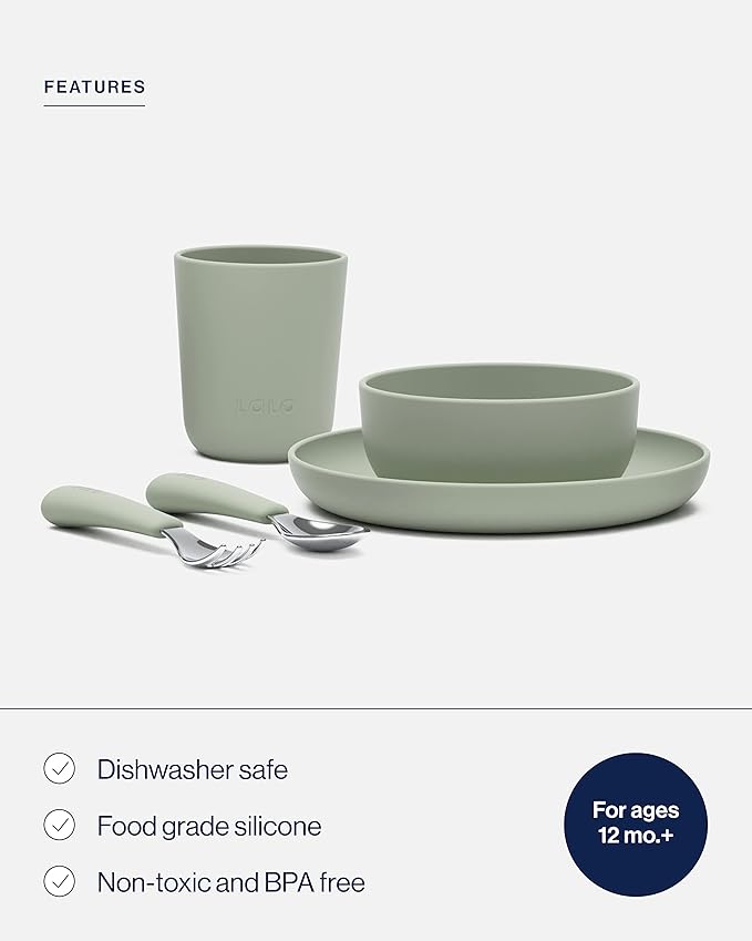 Lalo Big Bites Kids Dinnerware Starter Set - Dishwasher Safe, BPA Free, Kids Tableware Set - Includes Stackable Bowl, Plate, Utensils & Cup - 5 Pieces - Sage