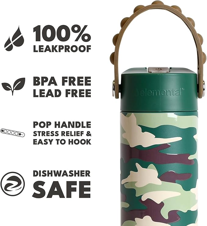 Elemental Insulated Kids Water Bottle, Stainless Steel Water Bottle with Straw Lid & Pop-It Handle, Leak-Proof Water Bottles for School, Boys or Girls, Travelling and Sports, 18oz - Green Camo