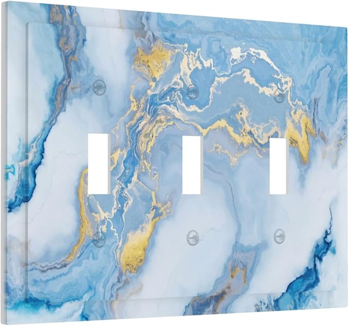 Beautiful Marble Texture Blue Gold Fluid Abstract Print Decorative Switch Plates 3 Gang Wall Plate Triple Toggle Light Switch Cover Faceplate Electrical Wall Panels for Bedroom Bathroom Decor