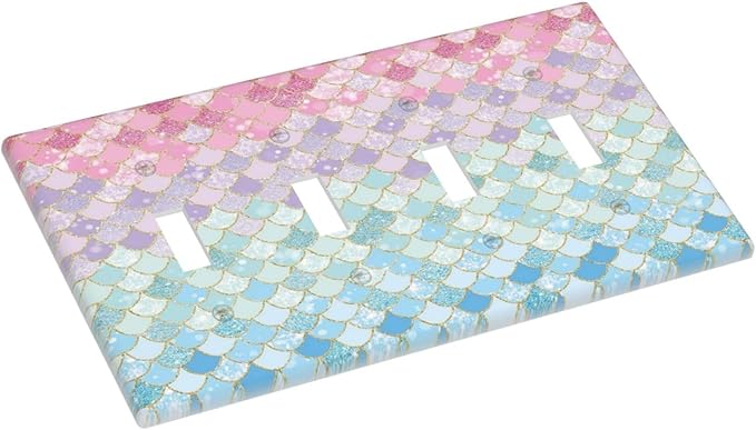 Colorful Mermaid Scales Quad Toggle Light Switch Cover Decorative Blue Cute 4 Gang Wall Plate Electrical Faceplate Switchplate for Bathroom Girls Bedroom Kids Baby Nursery Living Room Decor
