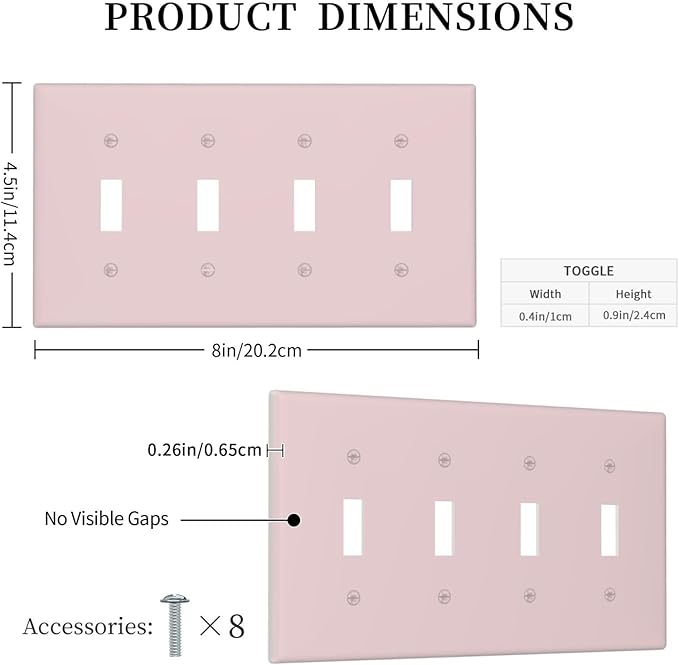 Decorative Cute Light Pink 4 Gang Quad Toggle Light Switch Cover, Solid Valentine's Day Pink Colored Electric Quadruple Device Decorator Outlet Switch Face Wall Plate Covers Standard Size