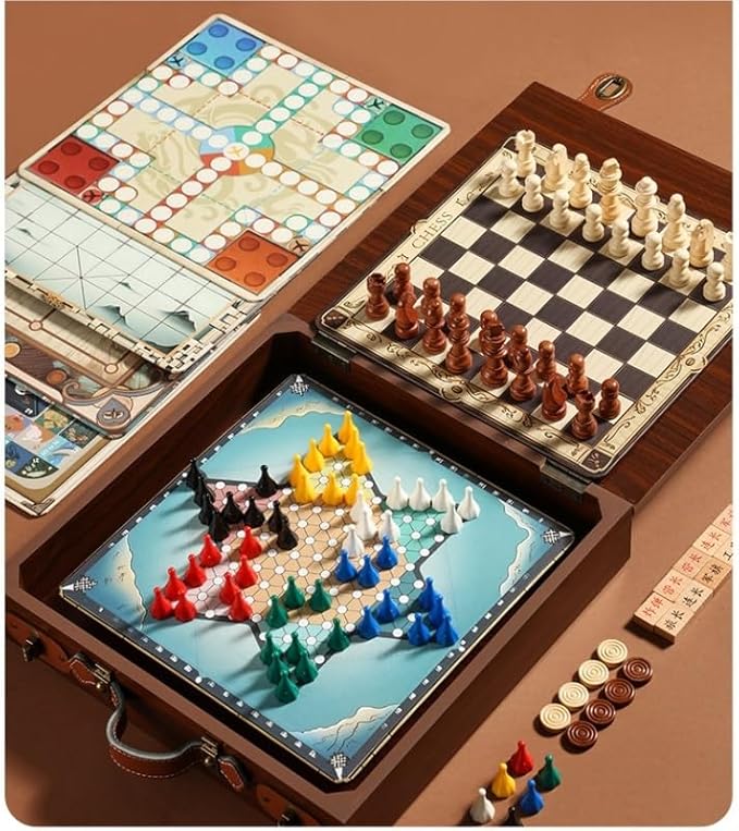 Board Games 12-in-1 Classic Wooden Board Game Set Chess Checkers Backgammon and More Premium Multi-Game Collection